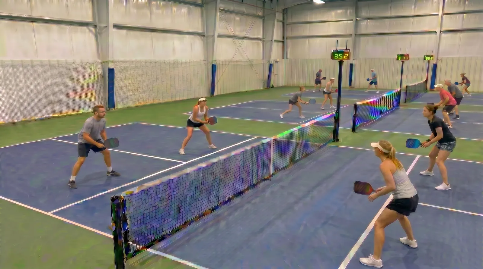 A busy indoor pickleball club with players mid-game across multiple courts, each net center post topped by an Eye unit and a lit LED scoreboard